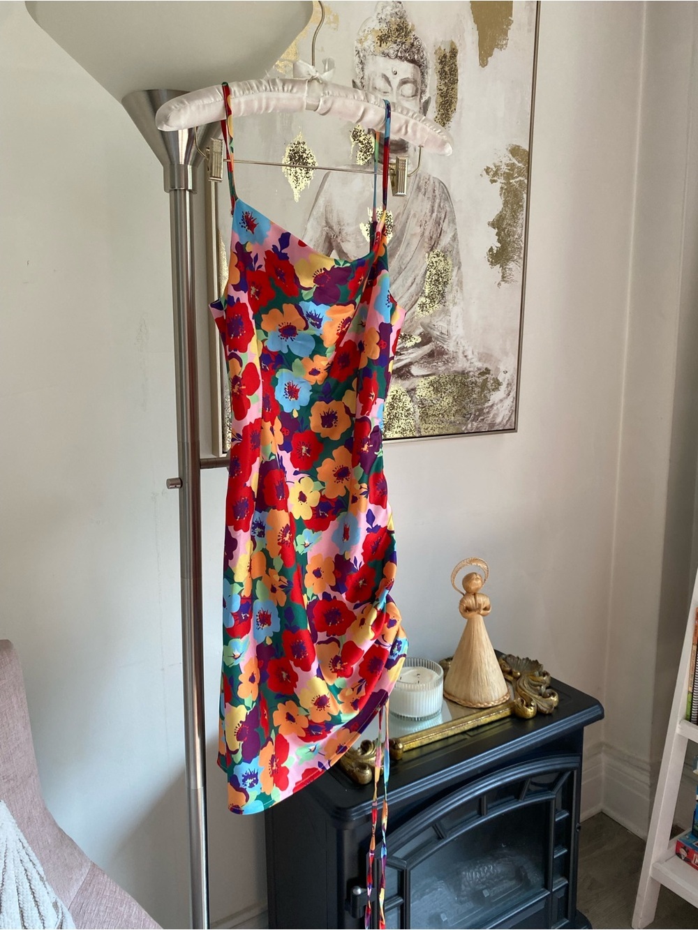 SATIN MINI DRESS FLOARL RUCHED - Picture 3 of 10
